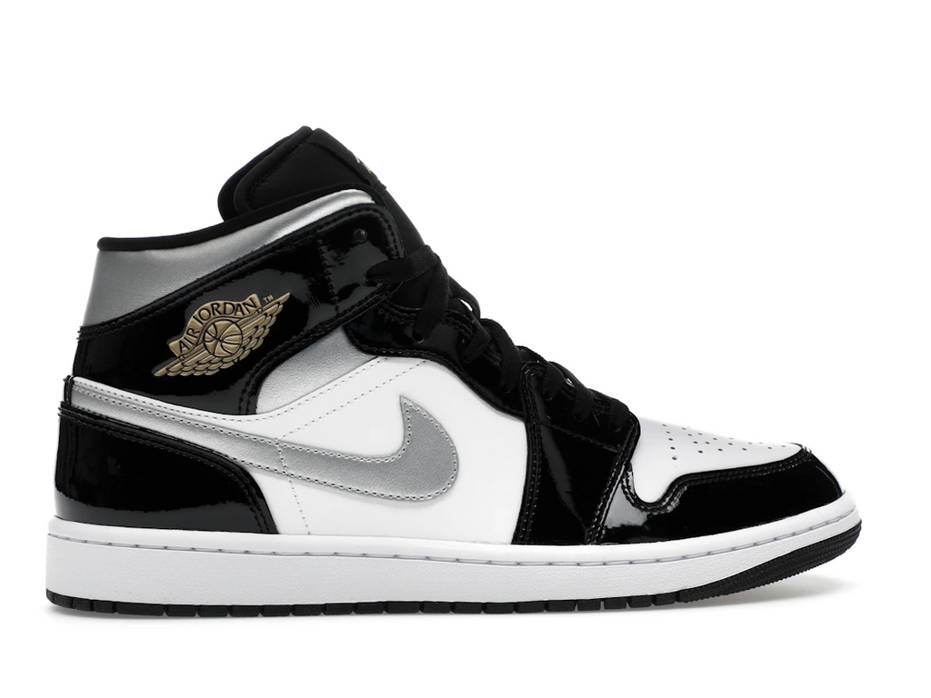 Jordan 1 Mid SE Patent Black White Metallic Silver Metallic Gold