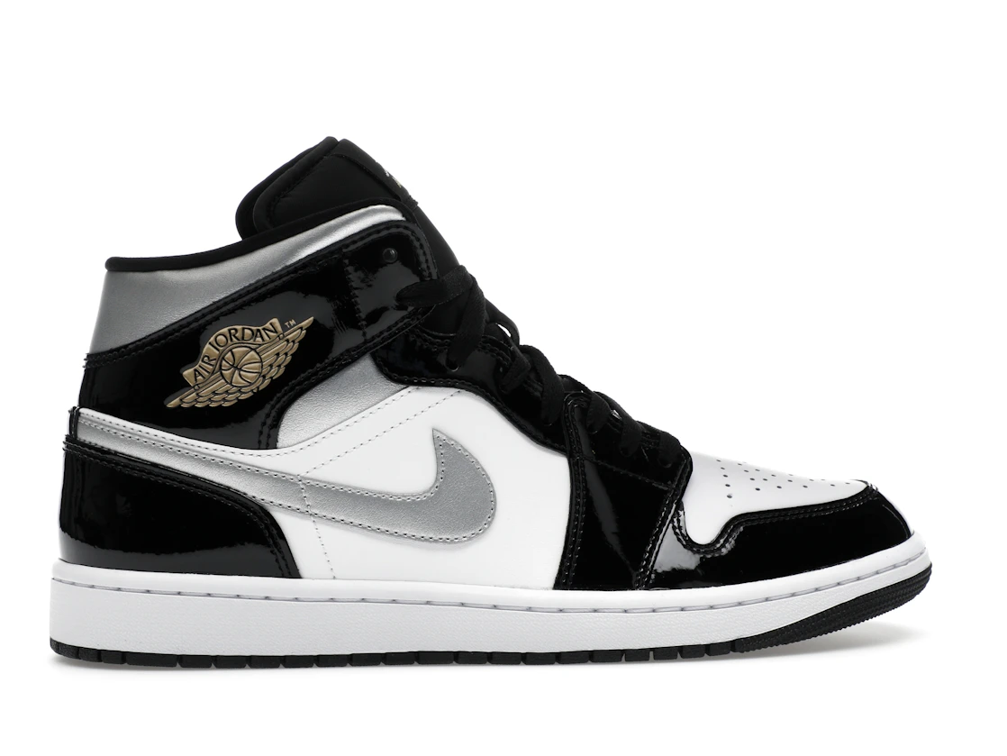 Jordan 1 Mid SE Patent Black White Metallic Silver Metallic Gold